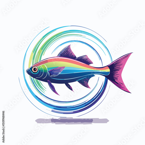 Neon Tetra in a Whimsical Scene with Vibrant Swirl Motions All Around.
