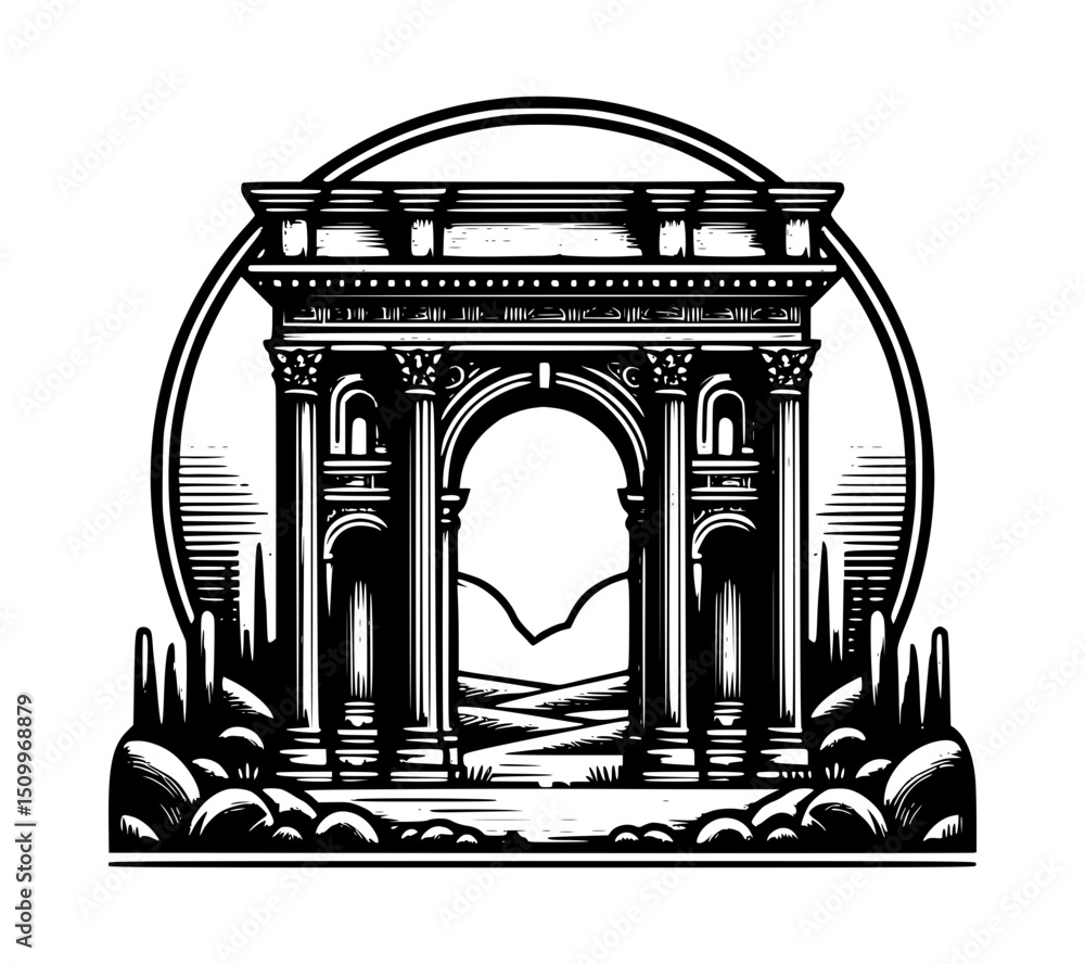 Fototapeta premium Roman Arch Columns Silhouette Vector Icon Logo