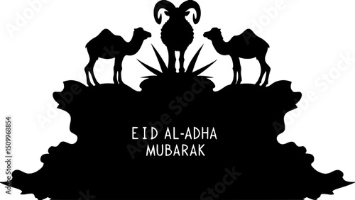 "Symbolic flat design featuring red silhouettes of camel, ram, and goat, with central composition and overlapping arrangement. The background is stark black and white, and the greeting 'Eid al-Adha Mu