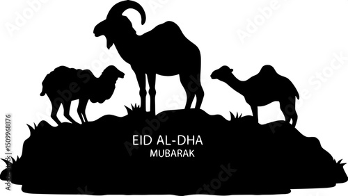 "Symbolic flat design featuring red silhouettes of camel, ram, and goat, with central composition and overlapping arrangement. The background is stark black and white, and the greeting 'Eid al-Adha Mu