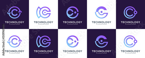 Set Collections of Letter C with Dots and Circular Lines, Logo Design Ideas. Unique Vector of Technology Network Connections.