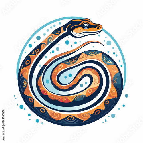 Boa Constrictor in a Whimsical Scene with Vibrant Swirl Motions All Around.