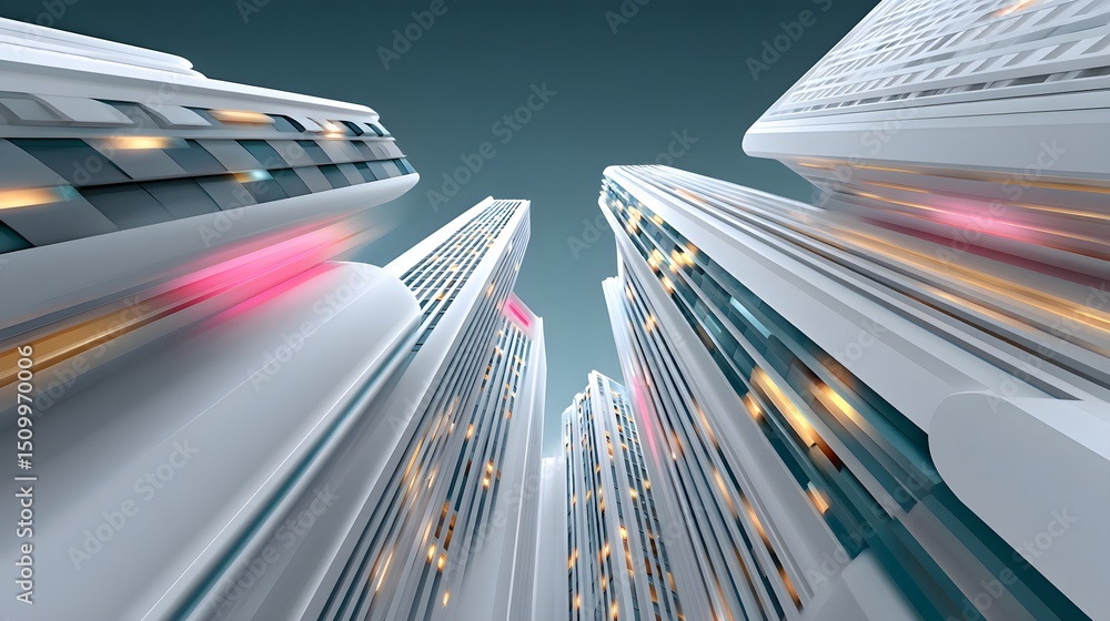 custom made wallpaper toronto digitalFuturistic cityscape with surreal geometric architecture, towering crystalline skyscrapers reflecting neon lights, floating pathways, and impossible angles, cyberpunk aesthetic, deep blue and purple