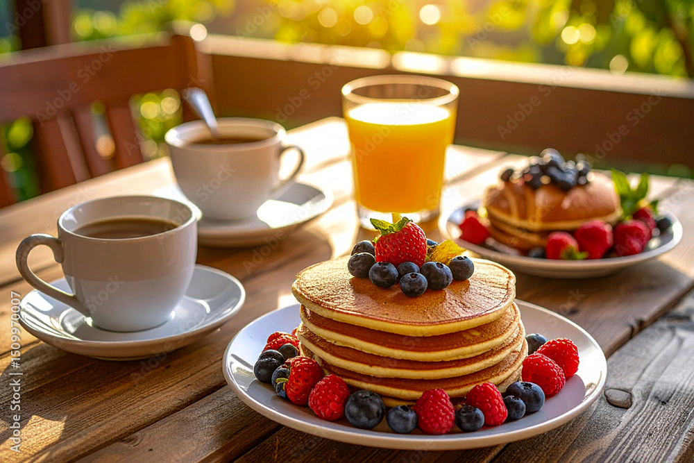 delicious homemade breakfast on a rustic wooden table delicious homemade breakfast on a rustic wooden table