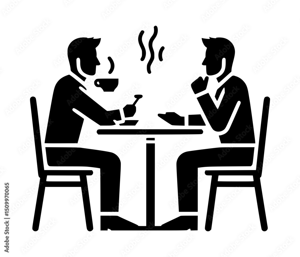 Two Men at Table Coffee and Conversation Icon Logo Two Men at Table Coffee and Conversation Icon Logo