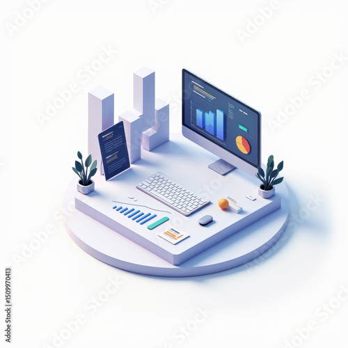 Modern Workspace: Data Analysis & Charts - Isometric illustrations