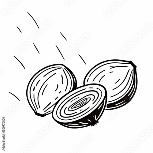 Hand-drawn vector illustration set of healthy organic food patterns, featuring fresh red apples and purple onions