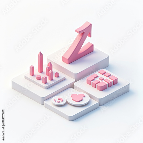 Pink 3D Growth Charts & Data Icons - Minimalism
