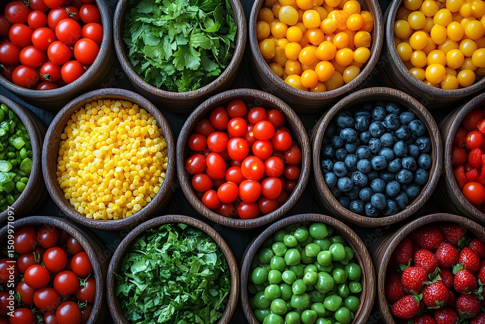 Colorful Variety of Fresh Fruits and Vegetables in Bowls for Healthy Cooking Colorful Variety of Fresh Fruits and Vegetables in Bowls for Healthy Cooking