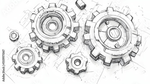 Detailed pencil sketch showcases three interlocking gears against a white background.
