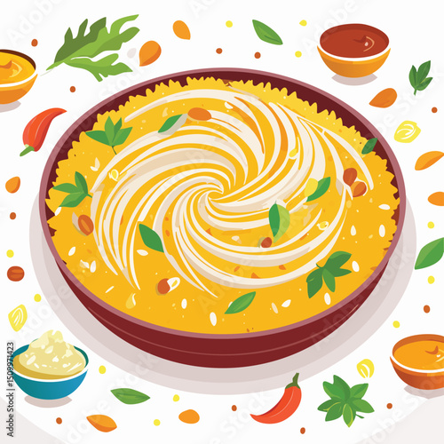 Biryani in a Whimsical Scene with Vibrant Swirl Motions All Around.