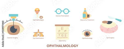 Ophthalmology Flat Banner Web Icon Set Vector Illustration, Orthopedic Doctor Joint Replacement Arthroscopic Surgery Bone Fracture Repair Knee Arthritis ACL Reconstruction Scoliosis 