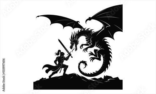 Brave knight facing mighty dragon silhouette