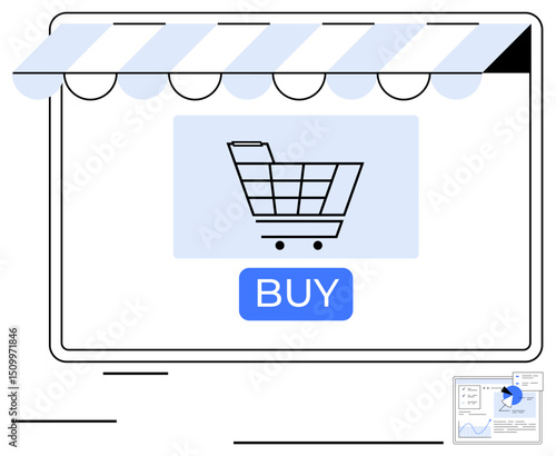 Shopping cart graphic on screen with Buy button under striped awning. Ideal for e-commerce, business, digital shopping, sales strategy, online retail, customer journey, flat simple metaphor