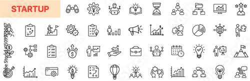 Startup and Innovation Line Icon Design Featuring Business Growth, Analytics Charts, Lightbulb Ideas, Leadership Teams, Project Files, Marketing Strategies, Financial Planning, and Timeline Progress