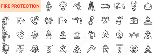 Fire Protection Line Icon Design Featuring Firefighters, Smoke Detectors, Sprinklers, Hoses, Extinguishers, Emergency Calls, Alarm Systems, Burning Flames, Safety Tools, and Rescue Operations