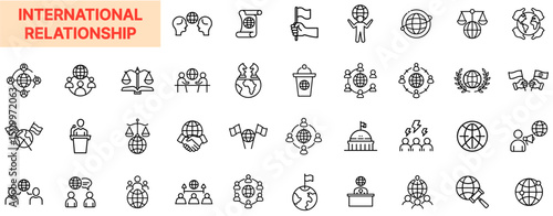 International Relationship Line Icon Design Featuring Diplomacy Icons, Flag Symbols, Global Cooperation, Peace Talks, Worldwide Connections, Agreements, Governments, Scales, and Country Partnerships