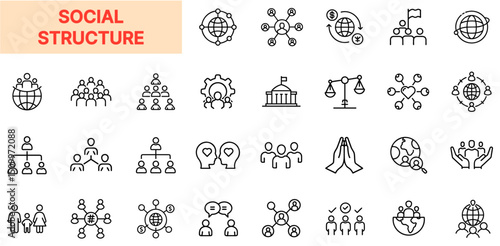 Social Structure Line Icon Design Featuring People Networks, Organizational Charts, Government Buildings, Equality Scales, Leadership Icons, Community Structures, Global Groups, and Human Relationship