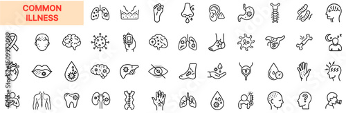 Common Illness Line Icon Design Featuring Lungs, Brain, Virus Cells, Ear Pain, Stomach Issues, Toothaches, Eye Problems, Skin Conditions, Kidney Pain, Spine Disorders, Headaches, Fever, and Body Aches