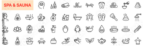 Spa and Sauna Line Icon Design Featuring Hot Stones, Steam Rooms, Massage Oils, Bath Tubs, Aromatherapy Bottles, Towels, Sauna Heaters, Footwear, Essential Oils, and Relaxation Elements