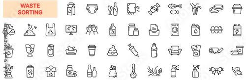 Waste Sorting Line Icon Design Featuring Plastic Bottles, Diapers, Food Scraps, Fish Bones, Packaging Waste, Recycling Containers, Compost Bins, Labeled Trash, Washing Symbols, and Disposal Categories