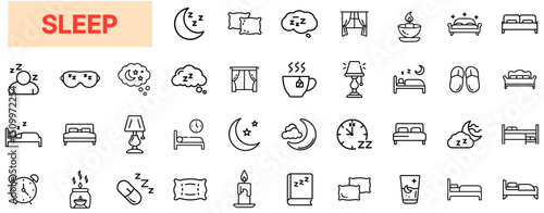 Sleep and Relaxation Line Icon Design Featuring Beds, Pillows, Night Lamps, Dream Clouds, Sleep Masks, Sleeping Capsules, Moon Symbols, Stars, Curtains, Alarm Clocks, and Herbal Tea Mugs