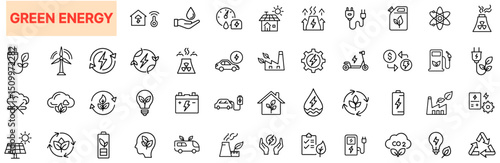 Green Energy Line Icon Design Featuring Power Generation, Eco Cars, Charging Stations, Sustainable Buildings, Solar Lightbulbs, Batteries, Leaf Indicators, Globe Protection, Water Drops, and Efficienc