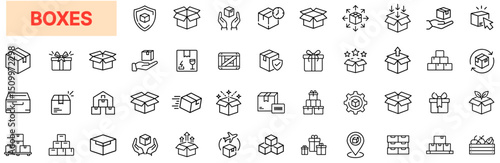 Boxes and Packaging Line Icon Design Featuring Delivery Boxes, Shipping Labels, Parcel Icons, Storage Crates, Open and Sealed Boxes, Gift Wraps, Packing Symbols, Tracking Icons, and Container Handling