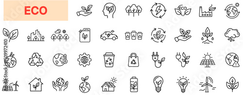 Eco and Environmental Line Icon Design Featuring Trees, Recycling Symbols, Leaf Energy, Electric Cars, Green Cities, Renewable Plugs, Eco Bottles, Solar Panels, Lightbulbs, and Sustainable Lifestyle E