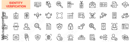 Identity Verification Line Icon Design Featuring ID Cards, Passport Checks, Face Scans, Secure Profiles, Signature Reviews, Approval Stamps, Access Badges, Locks, Biometric Readers, and User Authentic