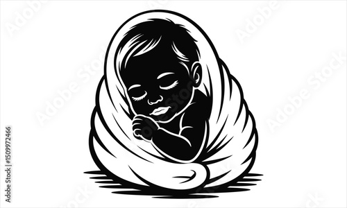 Sleeping baby swaddled in blanket black silhouette