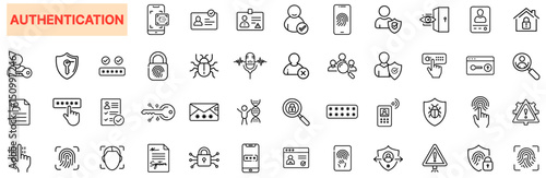Authentication and Security Line Icon Design Featuring Password Fields, Identity Badges, Biometrics, Shield Protection, Bug Alerts, OTP Verifications, Fingerprint Scans, and Cybersecurity Alerts