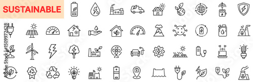 Sustainable Line Icon Design Featuring Eco Energy, Solar Charging, Recycling Symbols, Wind Turbines, Smart Homes, Nature Conservation, LED Bulbs, Green Transport, and Environmental Technologies