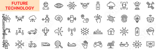 Future Technology Line Icon Design Featuring Artificial Intelligence, Robotics, Drones, Smart Sensors, VR Headsets, Biometric Scans, Electric Vehicles, Cloud Systems, Satellite Data, and Network Conne