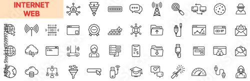 Internet and Web Services Line Icon Design Featuring Wi-Fi Signals, Data Transfers, Web Pages, Search Tools, Analytics Charts, Digital Payments, Online Messaging, Cloud Uploads, Network Nodes, and Use