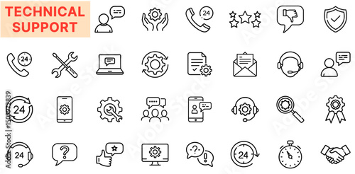 Technical Support Line Icon Design Featuring 24/7 Assistance Symbols, Headsets, Gear Icons, Chat Bubbles, Question Marks, Helpdesk Tools, Communication Lines, Technical Representatives, and Customer H