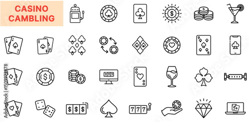 Casino Gambling Line Icon Design Featuring Playing Cards, Poker Chips, Slot Machines, Dice, Spade Symbols, Game Tokens, Cocktails, Roulette Wheels, Casino Tables, Mobile Betting Screens, and Diamond R