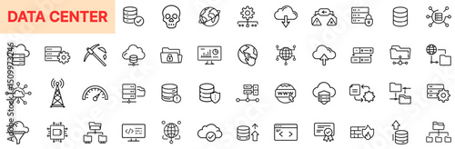 Data Center and Cloud Infrastructure Line Icon Design Featuring Servers, Databases, Network Cables, Web Hosting, Global Nodes, Cloud Connections, Processing Icons, Load Balancers, and Data Flow Elemen