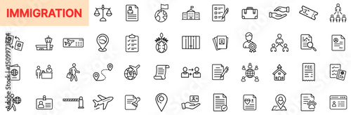 Immigration and Travel Processing Line Icon Design Featuring Visa Applications, Passports, Border Control, ID Checks, Airport Entry, Citizenship Forms, Family Reunification, and Legal Immigration Docu