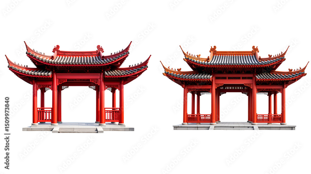 Fototapeta premium Ancient Chinese temple architecture stands out with its traditional roof on a white background. 
