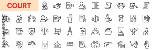 Court and Legal Proceedings Line Icon Design Featuring Judges, Gavels, Scales of Justice, Law Documents, Testimonies, Courtrooms, Legal Teams, Case Files, Prison Symbols, Trial Icons, and Legal Decisi