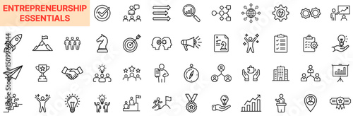 Entrepreneurship Essentials and Startup Strategy Line Icon Design Featuring Leadership Skills, Market Vision, Business Goals, Innovation Symbols, Launch Icons, Revenue Plans, Pitch Decks, and Company 