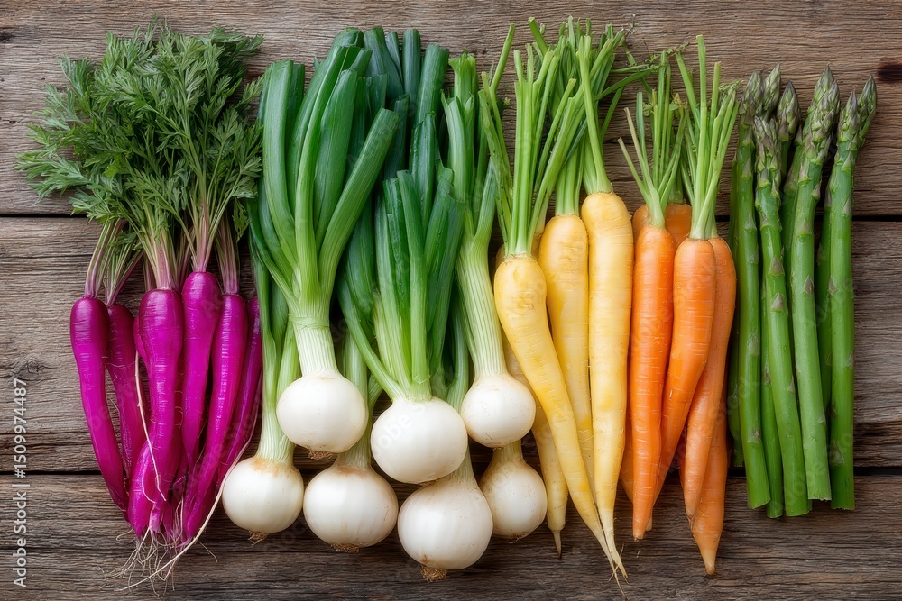 Vibrant Assorted Vegetables on Rustic Wood Vibrant Assorted Vegetables on Rustic Wood