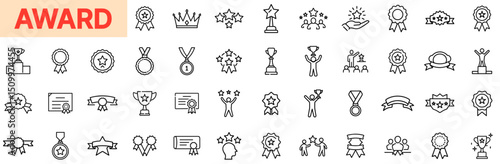 Award and Recognition Line Icon Design Featuring Trophies, Medals, Ribbons, Badges, Star Ratings, Winning Symbols, Achievement Crowns, Laurels, Prize Certificates, and Celebration of Success Icons