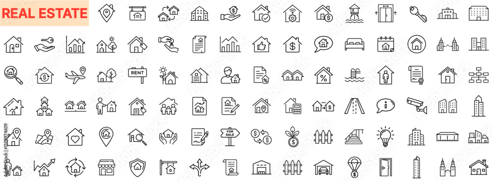 Real Estate and Property Business Line Icon Design Featuring Houses, Apartments, Rent Signs, Sale Listings, Building Plans, Investment Charts, Location Pins, Security Cameras, and Urban Development Ic Real Estate and Property Business Line Icon Design Featuring Houses, Apartments, Rent Signs, Sale Listings, Building Plans, Investment Charts, Location Pins, Security Cameras, and Urban Development Ic
