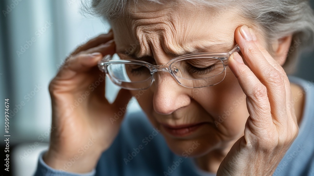 Senior Woman Suffering From Severe Headache, Rubbing Temples With Grimace In Distress. Senior Woman Suffering From Severe Headache, Rubbing Temples With Grimace In Distress.