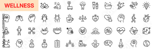 Wellness and Healthy Lifestyle Line Icon Design Featuring Meditation, Fitness, Spa Products, Herbal Remedies, Heart Health, Clean Eating, Mental Balance, Relaxation Activities, Self-Care Routines, and