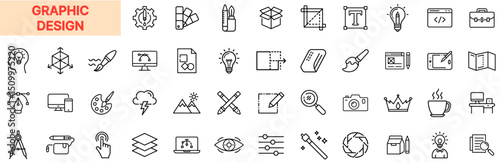 Graphic Design and Creative Tool Line Icon Design Featuring Vector Tools, Pen Icons, UI Elements, Typography Symbols, Color Palettes, Image Editors, Layout Tools, Creative Software, and Artistic Devic