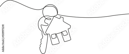 continuous line art drawing of a house with a key, Set of keys against white background, Continuous one line art drawing symbol of house keys, Real Estate Line Icon Vector Illustration.