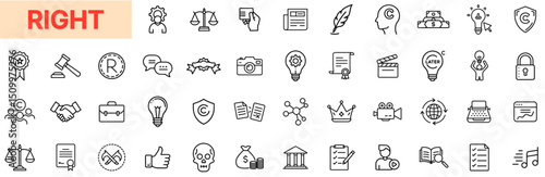 Rights and Legal Protection Line Icon Design Featuring Copyright Symbols, Scales of Justice, Law Documents, Trademarks, Intellectual Property Icons, Court Items, Privacy Badges, and Creative Ownership